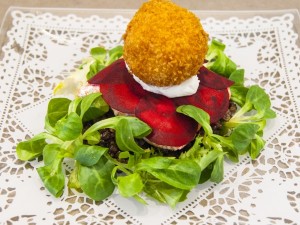 Panfried Salmon, Lentils, Beetroot Carpaccio and a Smoked Salmon Scotched Egg - recipe from The Devilled Egg