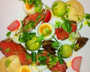 Lamb, Quails Eggs, Pickled Vegetable Salad