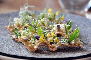 Toast with turbot eggs, herbs and vinegar dust at Noma (By cyclonebill (Toast med pighvarrogn, urter og eddikestøv) [CC BY-SA 2.0 (http://creativecommons.org/licenses/by-sa/2.0)], via Wikimedia Commons) 