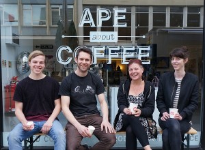 PAPER Arts MD Simone Kidner (second from right) welcomes the Ape About Coffee team (left to right) barista Dan Bowler, owner Nick Ashton and barista Imogen Coulter.