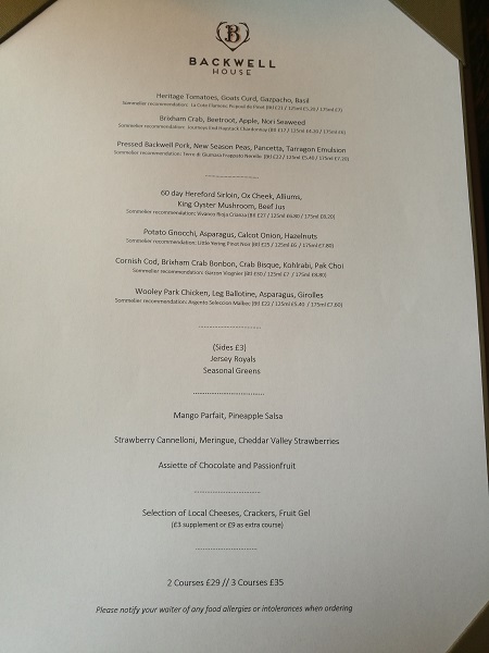 Backwell House - Menu