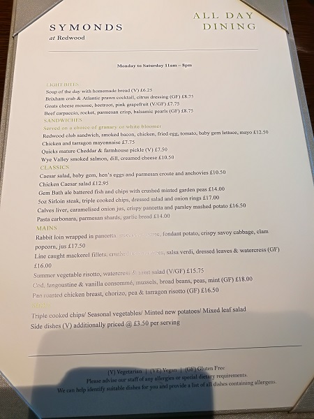 Symonds Restaurant - Menu