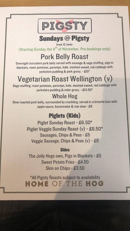 Pigsty Sunday Roast Menu