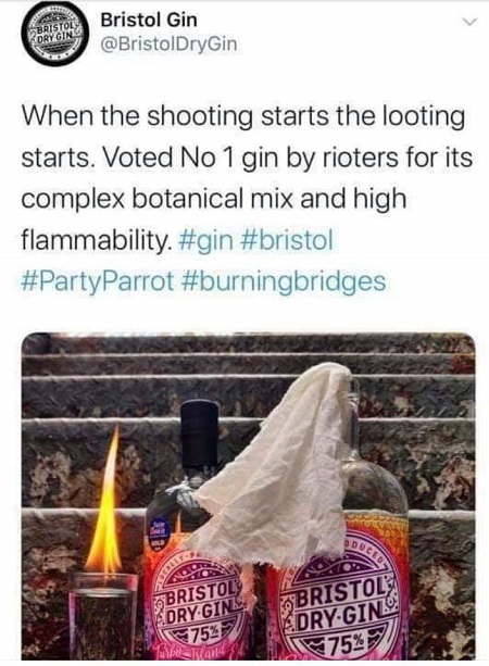 Bristol Dry Gin looting tweet