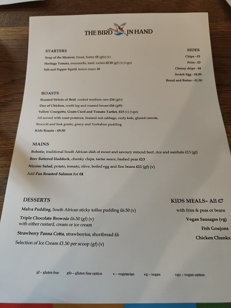 Bird in Hand Long Ashton - Sunday menu