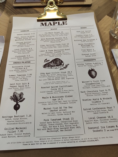 The Maple, Cleeve - Menu