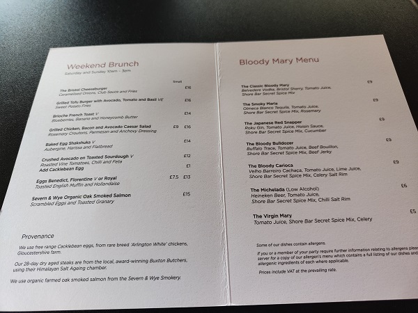 Shore Cafe Bar, Bristol Hotel - Brunch Menu