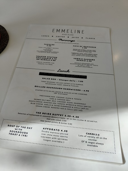 Emmeline Spike Island - Menu