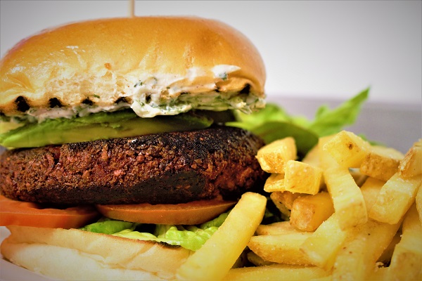 Arnolfini - Beetroot, bulgur wheat and walnut burger with mint yoghurt, avocado, fries and salad 1